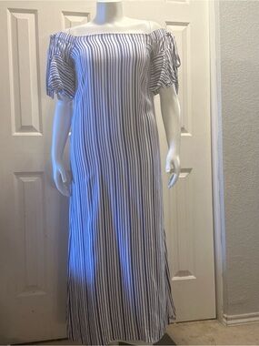 Banana Republic Blue and White Striped Off-Shoulder Maxi Dress